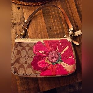 Coach Brown and Pink Floral Wristlet